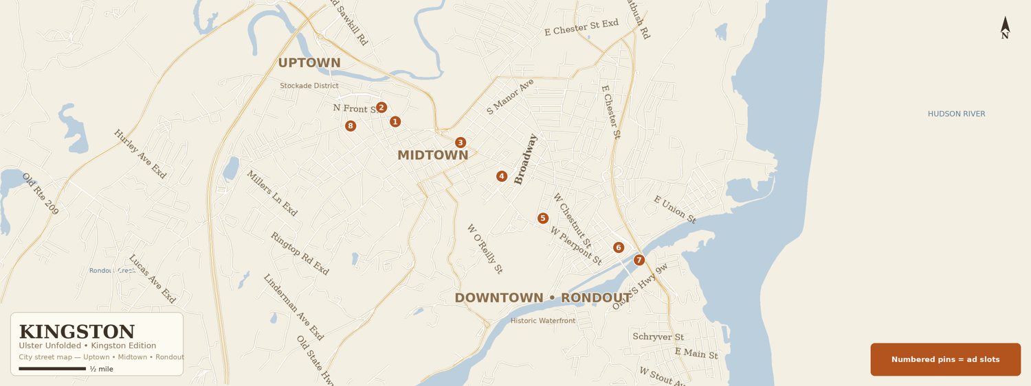Street-level Kingston map showing Uptown, Midtown, Downtown and Rondout